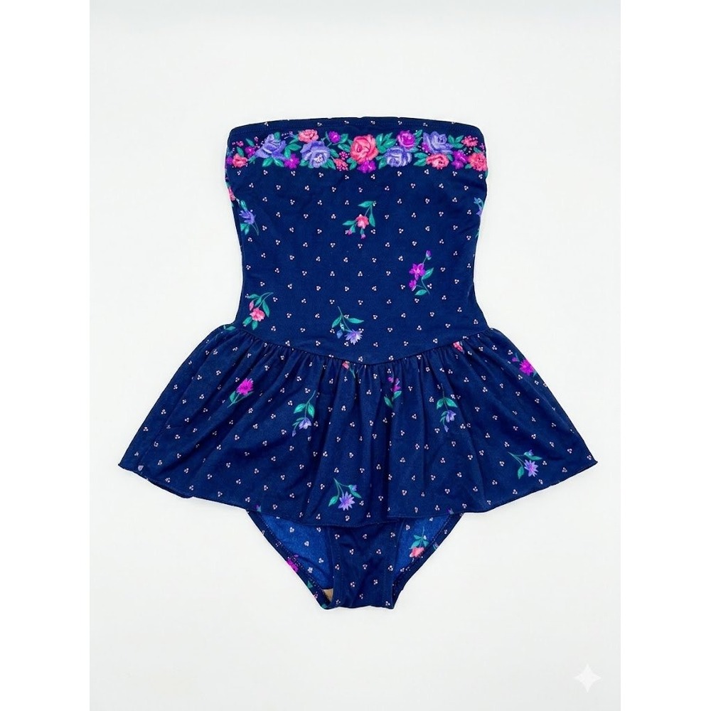 Vintage Sandcastle Swim Dress Navy Blue Floral Strapless One Piece Swimsuit 10